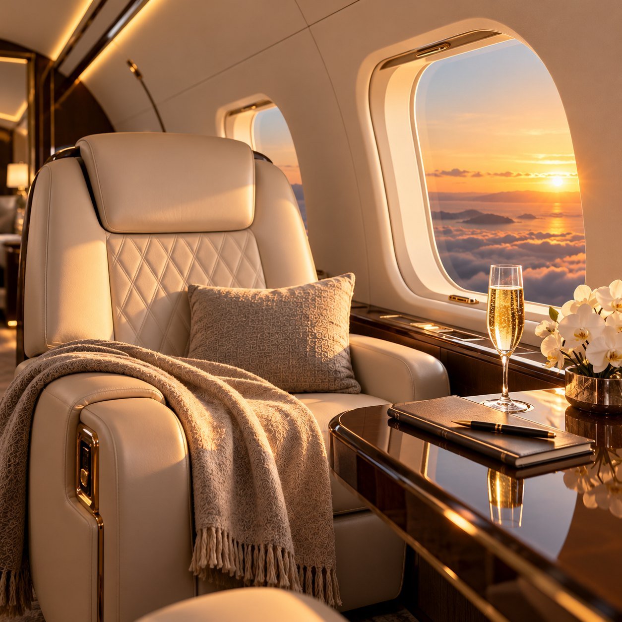A private jet cabin at golden hour, a cream leather seat beside a window looking out over a sunset sea of clouds