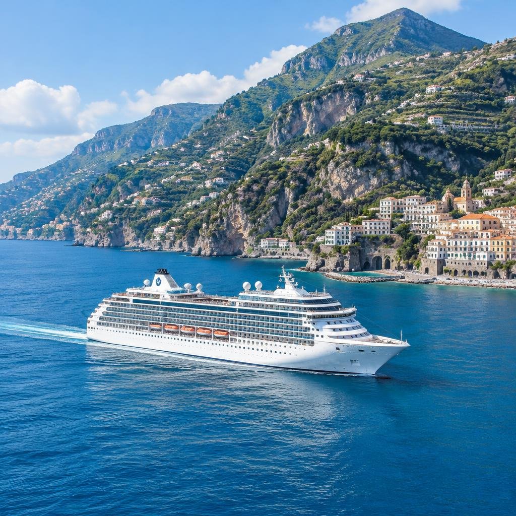 A cruise ship sailing along the Mediterranean coastline